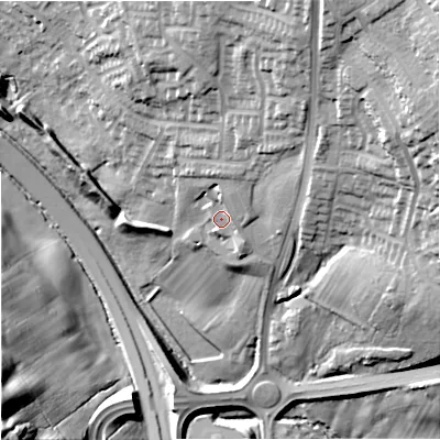 Shaded relief map of the ground around ST54DL, computed from Environment Agency LiDAR. The ground here sits at about 121 m above sea level and falls 42 m across the surrounding 800 m. Surface water reaching this point runs off ground lying to the north-north-east, 6.1 m higher.