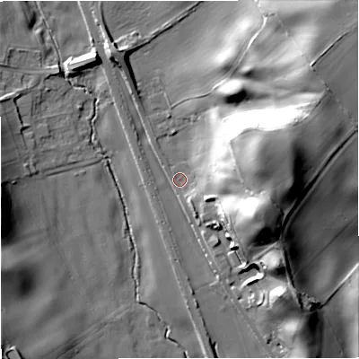 Shaded relief map of the ground around ST54EN, computed from Environment Agency LiDAR. The ground here sits at about 105 m above sea level and falls 32 m across the surrounding 800 m. Surface water reaching this point runs off ground lying to the east-north-east, 29.2 m higher.
