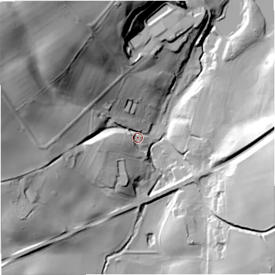 Shaded relief map of the ground around ST55HR, computed from Environment Agency LiDAR. The ground here sits at about 120 m above sea level and falls 66 m across the surrounding 800 m. Surface water reaching this point runs off ground lying to the north-west, 61.0 m higher.