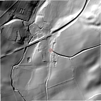 Shaded relief map of the ground around ST55JE, computed from Environment Agency LiDAR. The ground here sits at about 122 m above sea level and falls 63 m across the surrounding 800 m. Surface water reaching this point runs off ground lying to the east-north-east, 49.9 m higher.