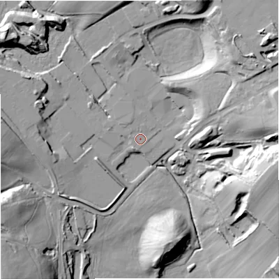 Shaded relief map of the ground around ST56BE, computed from Environment Agency LiDAR. The ground here sits at about 136 m above sea level and falls 40 m across the surrounding 800 m. Surface water reaching this point runs off ground lying to the north-north-west, 1.3 m higher.