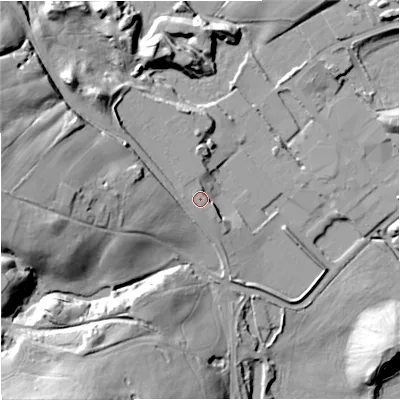 Shaded relief map of the ground around ST56BN, computed from Environment Agency LiDAR. The ground here sits at about 142 m above sea level and falls 45 m across the surrounding 800 m. Surface water reaching this point runs off ground lying to the west-north-west, 5.3 m higher.