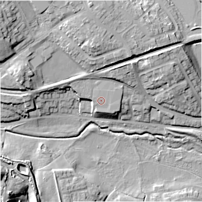 Shaded relief map of the ground around ST56EH, computed from Environment Agency LiDAR. The ground here sits at about 125 m above sea level and falls 20 m across the surrounding 800 m. Surface water reaching this point runs off ground lying to the north-north-east, 5.9 m higher.