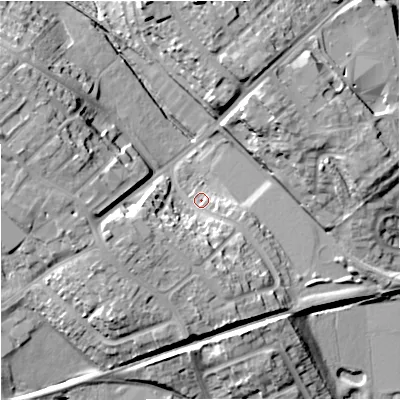 Shaded relief map of the ground around ST56HL, computed from Environment Agency LiDAR. The ground here sits at about 123 m above sea level and falls 19 m across the surrounding 800 m. Surface water reaching this point runs off ground lying to the north-east, 11.8 m higher.