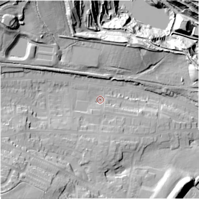 Shaded relief map of the ground around ST56JG, computed from Environment Agency LiDAR. The ground here sits at about 127 m above sea level and falls 56 m across the surrounding 800 m. Surface water reaching this point runs off ground lying to the south-west, 23.8 m higher.