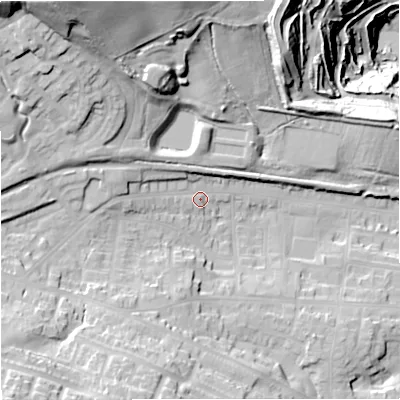 Shaded relief map of the ground around ST56JH, computed from Environment Agency LiDAR. The ground here sits at about 134 m above sea level and falls 72 m across the surrounding 800 m. Surface water reaching this point runs off ground lying to the north-west, 41.7 m higher.