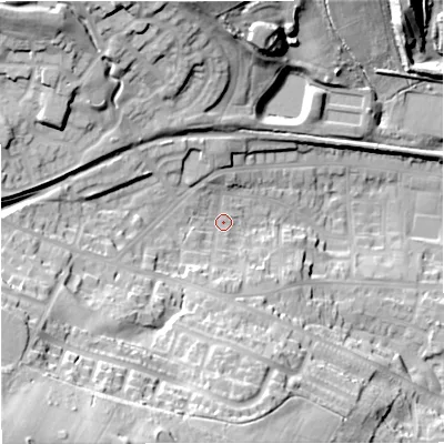 Shaded relief map of the ground around ST56JL, computed from Environment Agency LiDAR. The ground here sits at about 137 m above sea level and falls 47 m across the surrounding 800 m. Surface water reaching this point runs off ground lying to the south-west, 37.9 m higher.