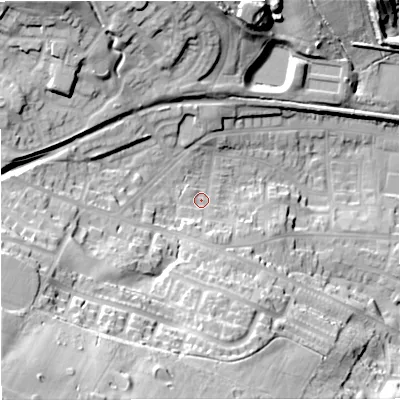 Shaded relief map of the ground around ST56LF, computed from Environment Agency LiDAR. The ground here sits at about 139 m above sea level and falls 49 m across the surrounding 800 m. Surface water reaching this point runs off ground lying to the south, 16.6 m higher.