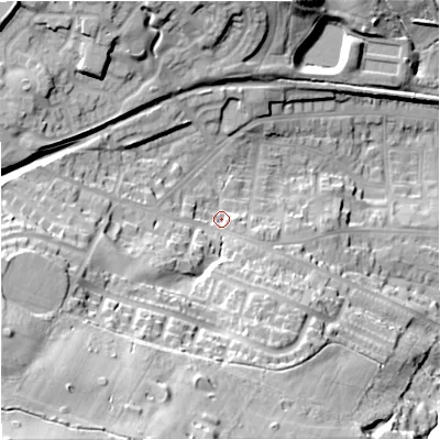 Shaded relief map of the ground around ST56LJ, computed from Environment Agency LiDAR. The ground here sits at about 140 m above sea level and falls 54 m across the surrounding 800 m. Surface water reaching this point runs off ground lying to the south-south-west, 36.2 m higher.
