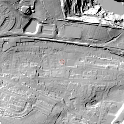 Shaded relief map of the ground around ST56LQ, computed from Environment Agency LiDAR. The ground here sits at about 130 m above sea level and falls 62 m across the surrounding 800 m. Surface water reaching this point runs off ground lying to the south-south-west, 5.6 m higher.