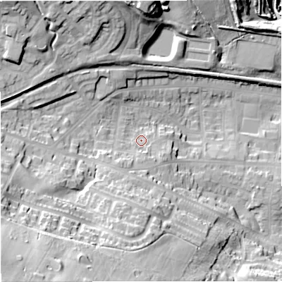Shaded relief map of the ground around ST56LT, computed from Environment Agency LiDAR. The ground here sits at about 138 m above sea level and falls 59 m across the surrounding 800 m. Surface water reaching this point runs off ground lying to the south, 4.0 m higher.