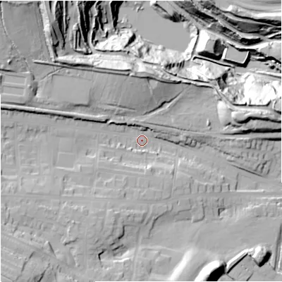 Shaded relief map of the ground around ST56PL, computed from Environment Agency LiDAR. The ground here sits at about 125 m above sea level and falls 51 m across the surrounding 800 m. Surface water reaching this point runs off ground lying to the north-west, 29.4 m higher.