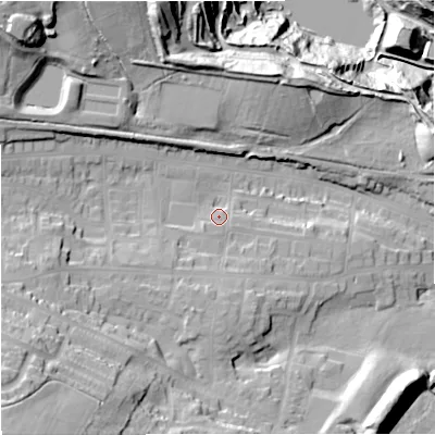 Shaded relief map of the ground around ST56PN, computed from Environment Agency LiDAR. The ground here sits at about 129 m above sea level and falls 58 m across the surrounding 800 m. Surface water reaching this point runs off ground lying to the south, 3.4 m higher.