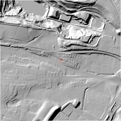 Shaded relief map of the ground around ST56PQ, computed from Environment Agency LiDAR. The ground here sits at about 125 m above sea level and falls 44 m across the surrounding 800 m. Surface water reaching this point runs off ground lying to the north-west, 20.5 m higher.