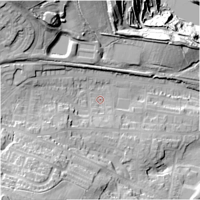 Shaded relief map of the ground around ST56PY, computed from Environment Agency LiDAR. The ground here sits at about 130 m above sea level and falls 63 m across the surrounding 800 m. Surface water reaching this point runs off ground lying to the south-west, 35.6 m higher.
