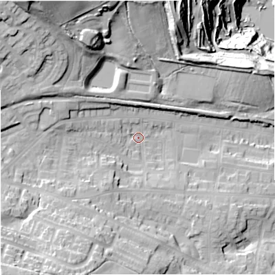 Shaded relief map of the ground around ST56QA, computed from Environment Agency LiDAR. The ground here sits at about 131 m above sea level and falls 64 m across the surrounding 800 m. Surface water reaching this point runs off ground lying to the south-west, 33.3 m higher.