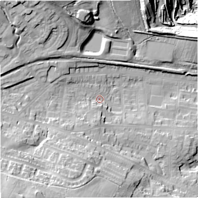 Shaded relief map of the ground around ST56QB, computed from Environment Agency LiDAR. The ground here sits at about 134 m above sea level and falls 67 m across the surrounding 800 m. Surface water reaching this point runs off ground lying to the south-west, 35.8 m higher.