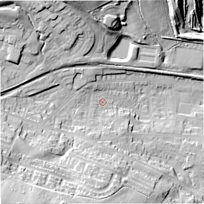 Shaded relief map of the ground around ST56QD, computed from Environment Agency LiDAR. The ground here sits at about 136 m above sea level and falls 51 m across the surrounding 800 m. Surface water reaching this point runs off ground lying to the south-west, 37.2 m higher.