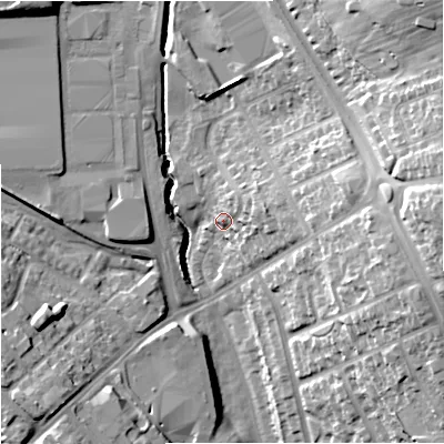 Shaded relief map of the ground around ST59AJ, computed from Environment Agency LiDAR. The ground here sits at about 128 m above sea level and falls 27 m across the surrounding 800 m. Surface water reaching this point runs off ground lying to the east-north-east, 7.1 m higher.