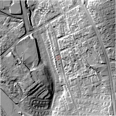 Shaded relief map of the ground around ST59BH, computed from Environment Agency LiDAR. The ground here sits at about 126 m above sea level and falls 29 m across the surrounding 800 m. Surface water reaching this point runs off ground lying to the north-east, 21.1 m higher.