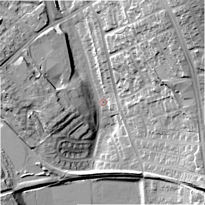 Shaded relief map of the ground around ST59BJ, computed from Environment Agency LiDAR. The ground here sits at about 122 m above sea level and falls 27 m across the surrounding 800 m. Surface water reaching this point runs off ground lying to the north-east, 26.8 m higher.