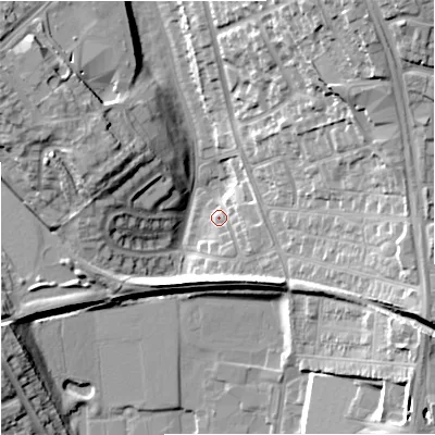 Shaded relief map of the ground around ST59BL, computed from Environment Agency LiDAR. The ground here sits at about 123 m above sea level and falls 24 m across the surrounding 800 m. Surface water reaching this point runs off ground lying to the south-east, 9.5 m higher.