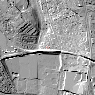 Shaded relief map of the ground around ST59BP, computed from Environment Agency LiDAR. The ground here sits at about 124 m above sea level and falls 23 m across the surrounding 800 m. Surface water reaching this point runs off ground lying to the east-south-east, 6.3 m higher.