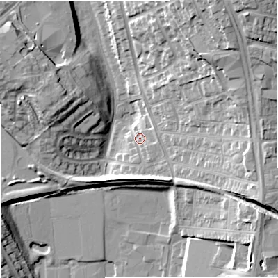 Shaded relief map of the ground around ST59BX, computed from Environment Agency LiDAR. The ground here sits at about 124 m above sea level and falls 24 m across the surrounding 800 m. Surface water reaching this point runs off ground lying to the east-south-east, 3.5 m higher.