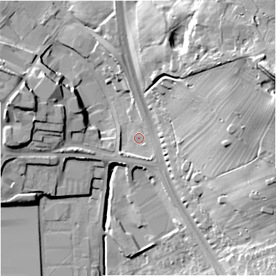 Shaded relief map of the ground around ST59DX, computed from Environment Agency LiDAR. The ground here sits at about 132 m above sea level and falls 39 m across the surrounding 800 m. Surface water reaching this point runs off ground lying to the east-north-east, 31.7 m higher.