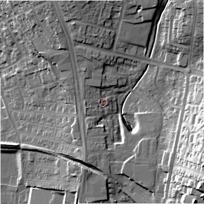Shaded relief map of the ground around ST59EE, computed from Environment Agency LiDAR. The ground here sits at about 134 m above sea level and falls 36 m across the surrounding 800 m. Surface water reaching this point runs off ground lying to the south-south-west, 9.9 m higher.