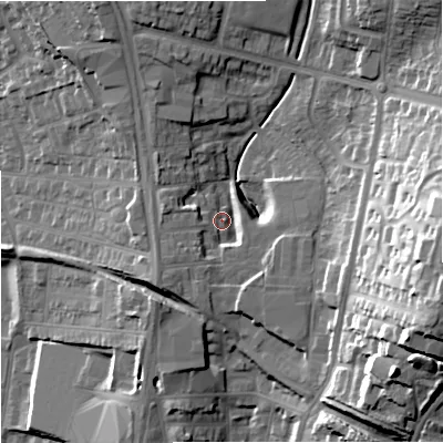 Shaded relief map of the ground around ST59EH, computed from Environment Agency LiDAR. The ground here sits at about 133 m above sea level and falls 40 m across the surrounding 800 m. Surface water reaching this point runs off ground lying to the south-west, 9.9 m higher.