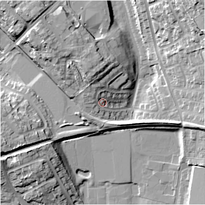 Shaded relief map of the ground around ST59HE, computed from Environment Agency LiDAR. The ground here sits at about 126 m above sea level and falls 20 m across the surrounding 800 m. Surface water reaching this point runs off ground lying to the north-north-west, 4.1 m higher.