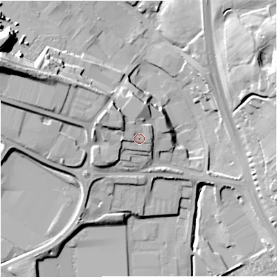 Shaded relief map of the ground around ST59HY, computed from Environment Agency LiDAR. The ground here sits at about 140 m above sea level and falls 31 m across the surrounding 800 m. Surface water reaching this point runs off ground lying to the west-north-west, 4.6 m higher.