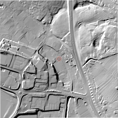 Shaded relief map of the ground around ST59JB, computed from Environment Agency LiDAR. The ground here sits at about 132 m above sea level and falls 30 m across the surrounding 800 m. Surface water reaching this point runs off ground lying to the west-south-west, 13.8 m higher.