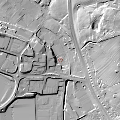 Shaded relief map of the ground around ST59JD, computed from Environment Agency LiDAR. The ground here sits at about 131 m above sea level and falls 31 m across the surrounding 800 m. Surface water reaching this point runs off ground lying to the east-north-east, 26.4 m higher.