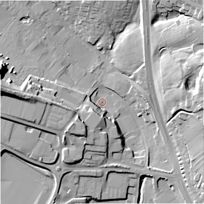 Shaded relief map of the ground around ST59JE, computed from Environment Agency LiDAR. The ground here sits at about 132 m above sea level and falls 28 m across the surrounding 800 m. Surface water reaching this point runs off ground lying to the south-west, 9.4 m higher.