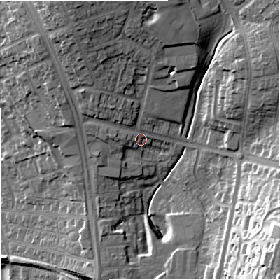 Shaded relief map of the ground around ST59LW, computed from Environment Agency LiDAR. The ground here sits at about 137 m above sea level and falls 38 m across the surrounding 800 m. Surface water reaching this point runs off ground lying to the west, 11.5 m higher.