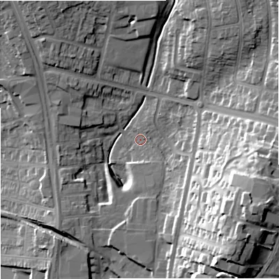 Shaded relief map of the ground around ST59PT, computed from Environment Agency LiDAR. The ground here sits at about 133 m above sea level and falls 36 m across the surrounding 800 m. Surface water reaching this point runs off ground lying to the south-west, 8.7 m higher.