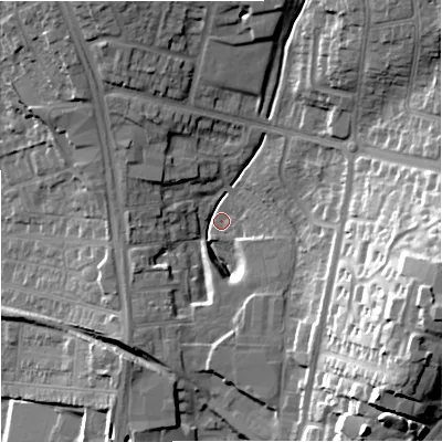 Shaded relief map of the ground around ST59PU, computed from Environment Agency LiDAR. The ground here sits at about 132 m above sea level and falls 40 m across the surrounding 800 m. Surface water reaching this point runs off ground lying to the south-west, 9.9 m higher.