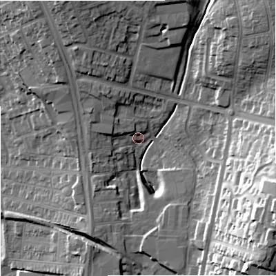 Shaded relief map of the ground around ST59PX, computed from Environment Agency LiDAR. The ground here sits at about 134 m above sea level and falls 39 m across the surrounding 800 m. Surface water reaching this point runs off ground lying to the north-west, 6.9 m higher.