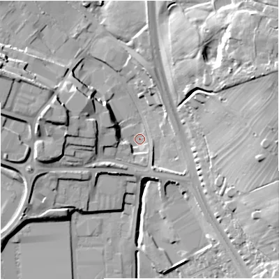 Shaded relief map of the ground around ST59QQ, computed from Environment Agency LiDAR. The ground here sits at about 131 m above sea level and falls 32 m across the surrounding 800 m. Surface water reaching this point runs off ground lying to the east-north-east, 26.3 m higher.
