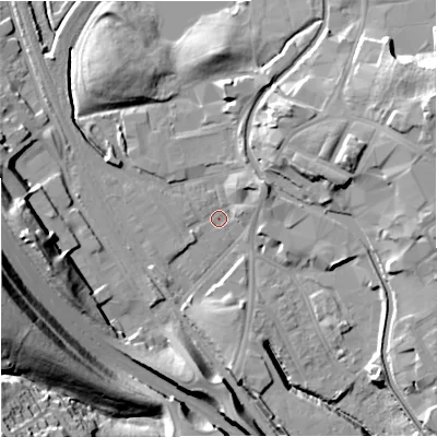 Shaded relief map of the ground around ST64LY, computed from Environment Agency LiDAR. The ground here sits at about 121 m above sea level and falls 36 m across the surrounding 800 m. Surface water reaching this point runs off ground lying to the north-north-east, 11.9 m higher.