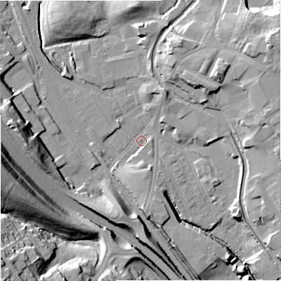 Shaded relief map of the ground around ST64ND, computed from Environment Agency LiDAR. The ground here sits at about 121 m above sea level and falls 36 m across the surrounding 800 m. Surface water reaching this point runs off ground lying to the south, 5.4 m higher.