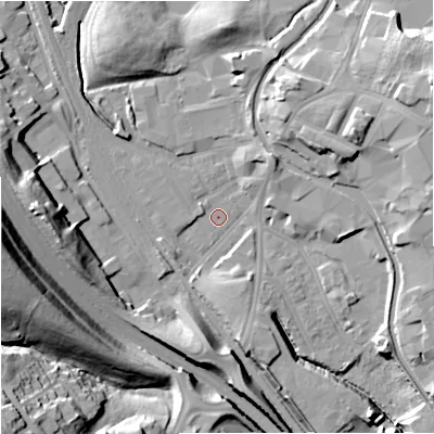 Shaded relief map of the ground around ST64NE, computed from Environment Agency LiDAR. The ground here sits at about 121 m above sea level and falls 38 m across the surrounding 800 m. Surface water reaching this point runs off ground lying to the south-south-east, 7.1 m higher.