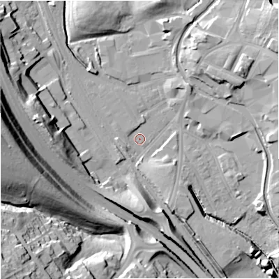 Shaded relief map of the ground around ST64NF, computed from Environment Agency LiDAR. The ground here sits at about 121 m above sea level and falls 41 m across the surrounding 800 m. Surface water reaching this point runs off ground lying to the south-south-east, 5.4 m higher.