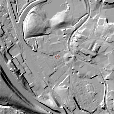 Shaded relief map of the ground around ST64NP, computed from Environment Agency LiDAR. The ground here sits at about 122 m above sea level and falls 38 m across the surrounding 800 m. Surface water reaching this point runs off ground lying to the north-east, 11.9 m higher.