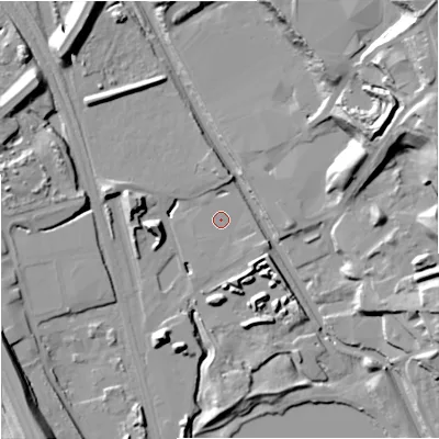 Shaded relief map of the ground around ST64NU, computed from Environment Agency LiDAR. The ground here sits at about 126 m above sea level and falls 35 m across the surrounding 800 m. The ground contributing surface water to this point lies to the north-west.