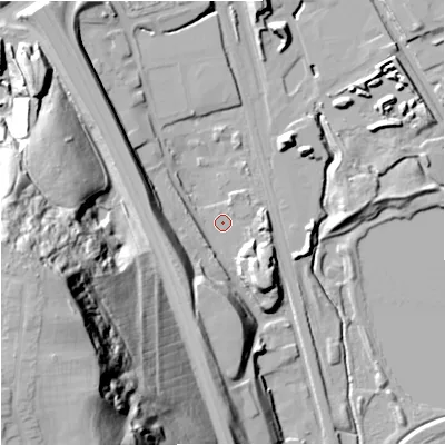 Shaded relief map of the ground around ST64PB, computed from Environment Agency LiDAR. The ground here sits at about 125 m above sea level and falls 70 m across the surrounding 800 m. Surface water reaching this point runs off ground lying to the south-south-west, 15.1 m higher.