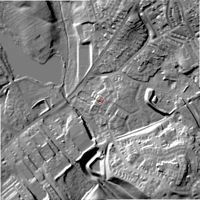 Shaded relief map of the ground around ST68BJ, computed from Environment Agency LiDAR. The ground here sits at about 140 m above sea level and falls 43 m across the surrounding 800 m. Surface water reaching this point runs off ground lying to the east-north-east, 4.5 m higher.