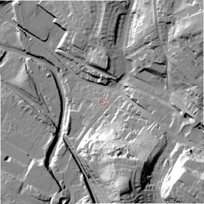 Shaded relief map of the ground around ST71AB, computed from Environment Agency LiDAR. The ground here sits at about 133 m above sea level and falls 54 m across the surrounding 800 m. Surface water reaching this point runs off ground lying to the east-south-east, 2.6 m higher.